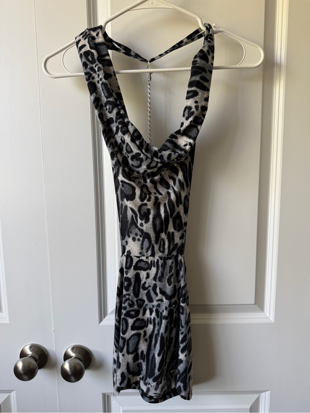 Sleeveless Leopard Print Cowl Neck Dress in Black and Gray